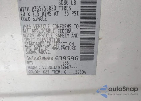 2013 Nissan Pathfinder Platinum z USA, uszkodzony, nr VIN 5N1AR2MM4DC639596